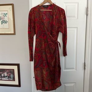 Ellen Tracy 80s 100% silk Red Paisley Wrap Midi Dress
